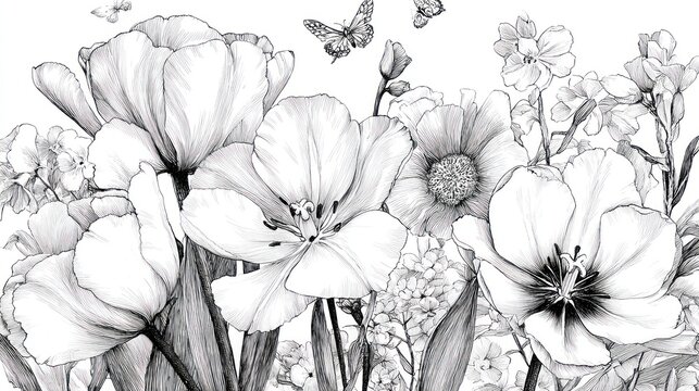 Black and white floral illustration of tulips and other spring blossoms