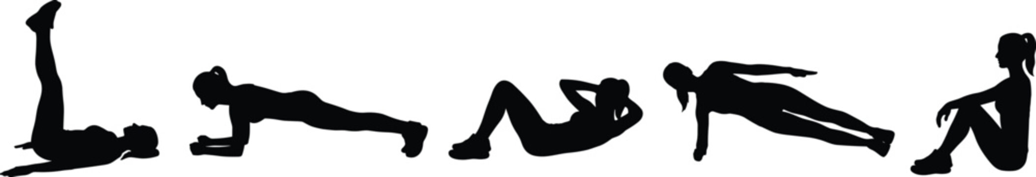 Black Silhouettes of Woman Performing Core Exercises and Fitness Poses Including Plank Crunches and Leg Raises on White Background