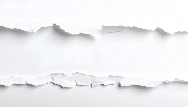 Two torn white paper strips with jagged edges against white background