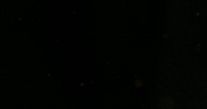 Super slow motion fine dust particles floating through the air on a black background. Subtle atmospheric SFX overlay with soft drifting specks, cinematic texture and dark visual effect.
