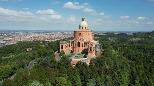 Aerial drone view of San Luca Basilica with Bologna cityscape, Italy
