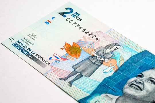 Colombian 2000 Mil Pesos banknote featuring the portrait of artist Debora Arango. Colombian national currency cash.