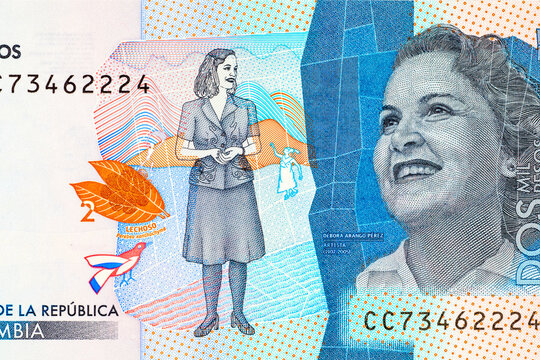 Colombian 2000 Mil Pesos banknote featuring the portrait of artist Debora Arango. Colombian national currency cash.