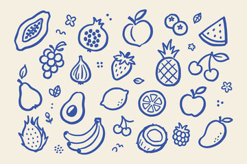 Obraz na płótnie Canvas Fruit Collection Blue Doodle Sketch Vector