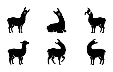 Six Black Llama Silhouettes, Vector Icons Set, Cute Animal Poses, Minimalist Farm Mammal Graphics, South American Camelid Art © Maruf