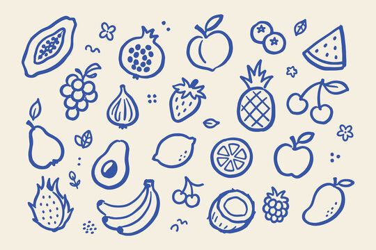 Fruit Collection Blue Doodle Sketch Vector