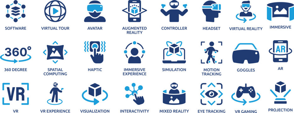 Virtual Reality and Augmented Reality Blue Technology Icons Set for VR Gaming Immersive Experience and Simulation