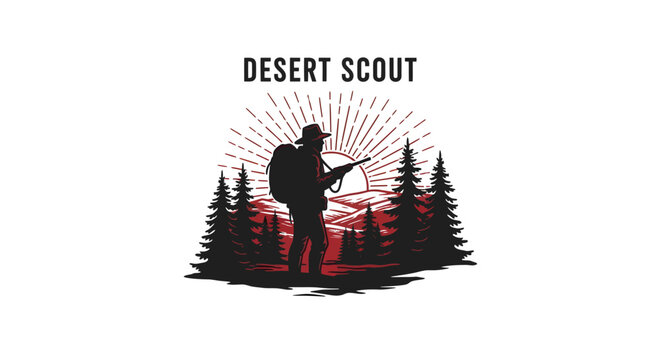 Desert Scout Silhouette with Rifle and Backpack in Forest Landscape.
