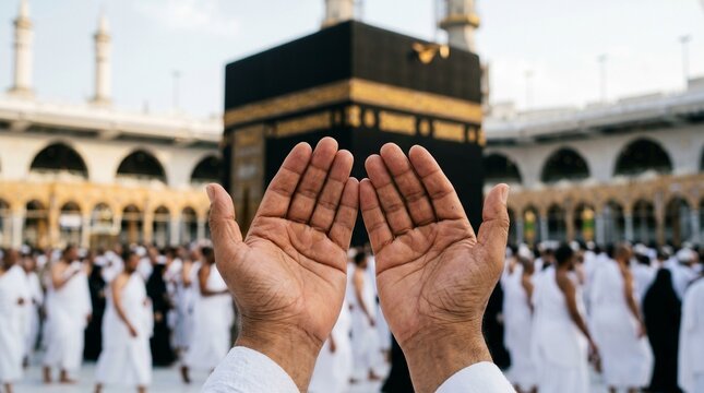Hands raised in prayer at the kaaba mecca with pilgrims in white robes