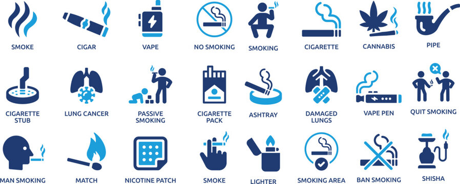 Smoking and Tobacco Addiction Blue Line Icons Set with Vape Cigarette and No Smoking Concepts