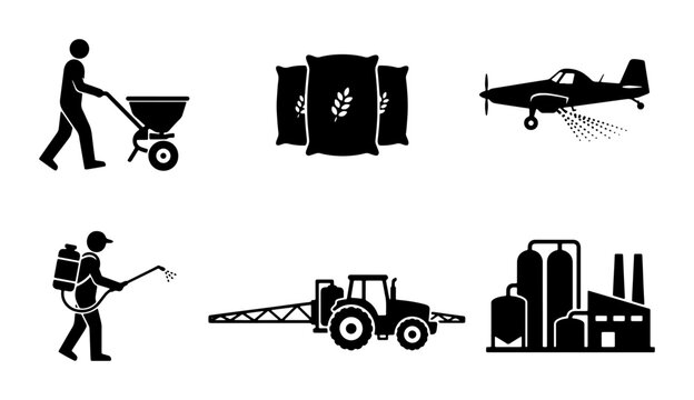 Agricultural Icons: Spreading Fertilizer, Crop Dusting Plane, Grain Sacks, Tractor Spraying, Farmer with Sprayer, Industrial Farm Silos