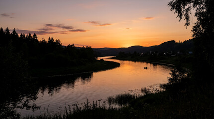 Naklejka premium A serene winding river flowing through a dark forest at sunset.