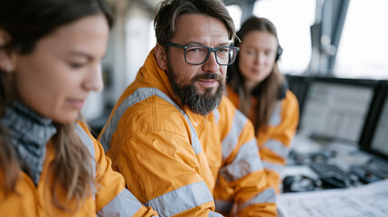 Fototapeta premium Environmental compliance diverse team reviewing air emission monitoring data from continuous stack emissions analyzer at power generation facility, control room setting, regulatory reporting, enviro