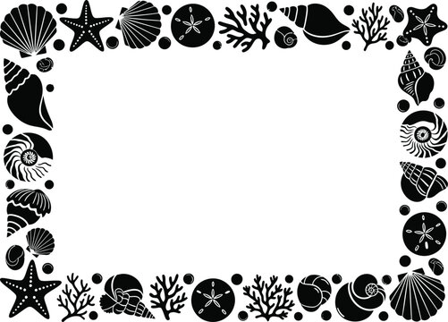 Black and white seashell border frame with starfish and coral elements isolated on transparent background, isolated on white background, Vector