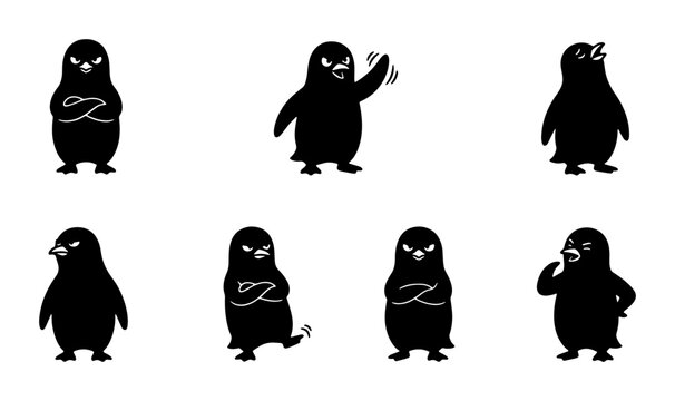 Chubby Penguin Character Set, Cute Black Silhouette Icons, Expressive Emotions, Vector Graphics for Design Projects