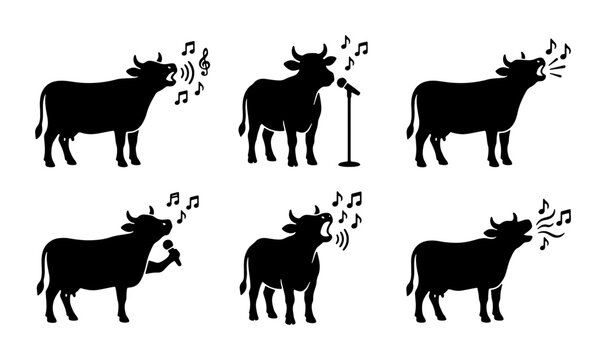 Singing Cow Silhouettes, Six Musical Bovine Icons, Livestock Vocalizing with Sound Waves and Microphones, Black and White Farm Animal Vector Set