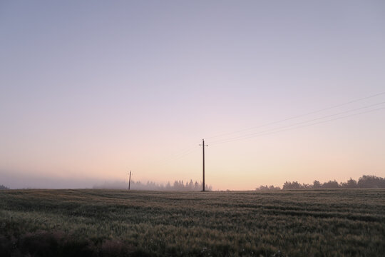 Scenic picturesque landscape view. rural nature in countryside in summer morning, foggy sunrise. Serene peaceful nature countryside