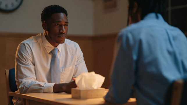 Crisis hotline volunteer supervisor debriefs a young male trainee after a difficult call, both seated in a small windowless room, a box of tissues on the table between them, a wall clock visible jus