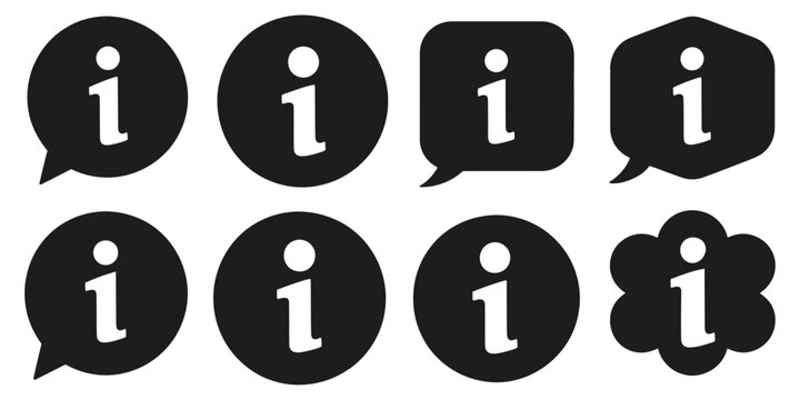 Information Icon Set Featuring Info Button Symbols, Flat Style Info Collection, Help Logo Elements, Black Info Point Icons, and Simple Vector Illustration