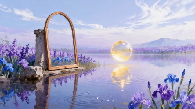 Mirror by water with glowing orb