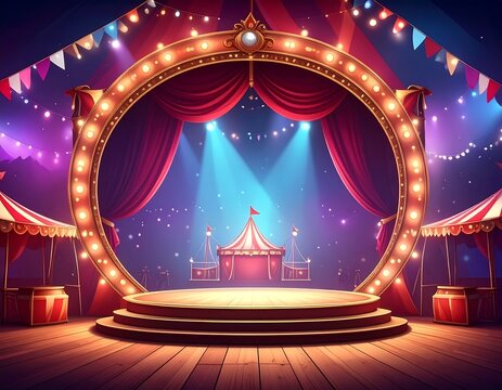 Vibrant circus stage with lights and curtain for entertainment events