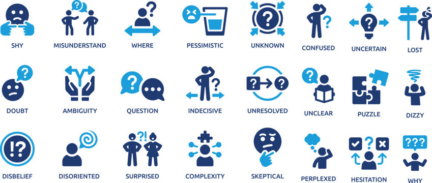 Confusion and Uncertainty Blue Gradient Line Icons Set for Doubt Question and Decision Concepts