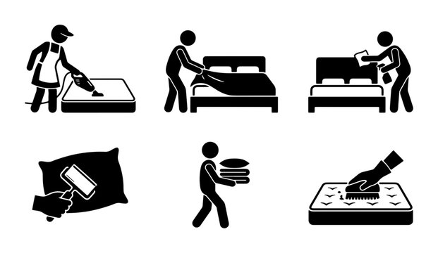 Housekeeping Icons Set: Bed Making, Cleaning, and Laundry Tasks, Vector Graphics for Hospitality and Home Services