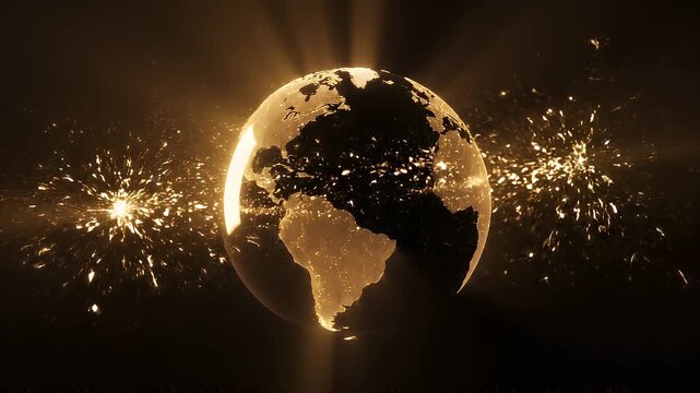 The illuminated earth bursts with golden light and exploding particles against a dark backdrop.