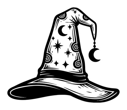 Wizard Hat with Moon and Stars Black and White Outline Line Art Drawing Vector Vintage Illustration