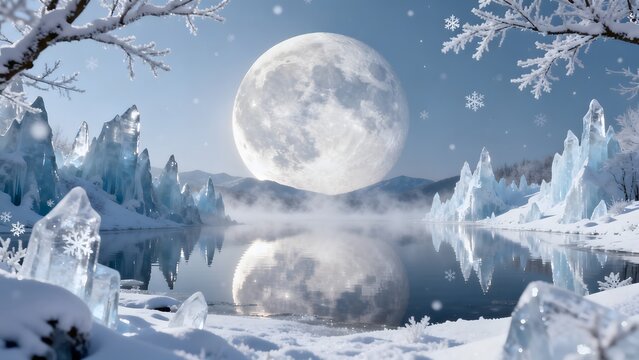 Snowy landscape with moon and ice formations