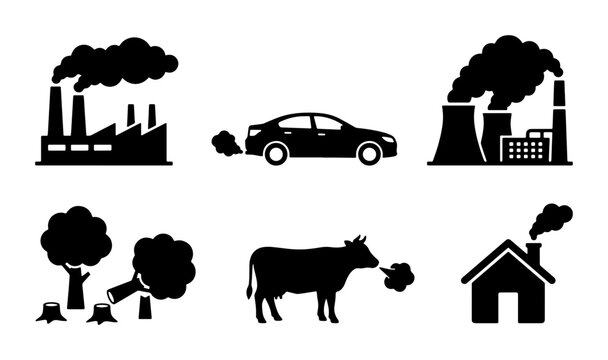 Industrial Pollution Icons Set, Environmental Impact Symbols, Air Quality Icons, Climate Change Vector Graphics, Eco-Friendly Concepts