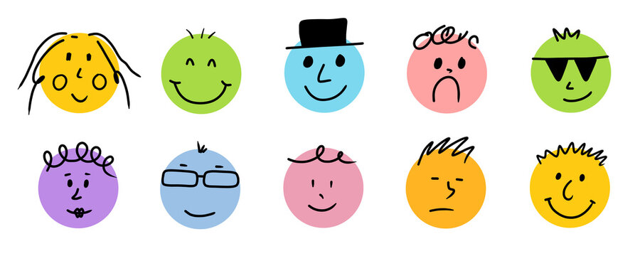 illustration: hand drawn emoji smiling faces in various emotions isolated on white or transparent png