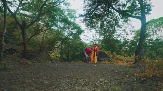 Energetic Folk Dance Duet in Open Forest Clearing
