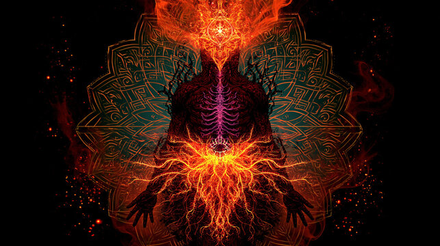 Energetic humanoid form in fiery abstract background with abstract, humanoid
