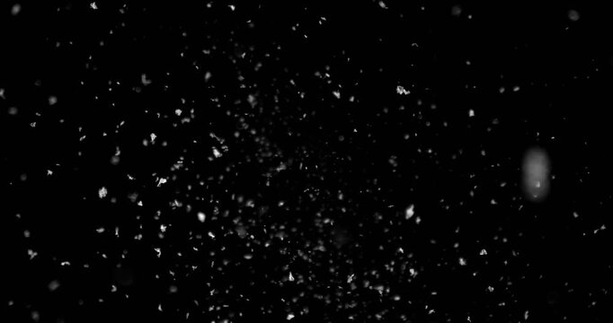 Super slow motion falling snow or dust particles isolated on a black background. Abstract atmospheric SFX overlay with floating debris, cinematic texture and dark visual effect.