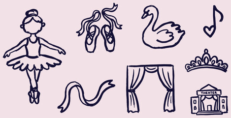 Hand-drawn ballet icons and elements on a pink background, including a ballerina, swan, and theater. © Riki