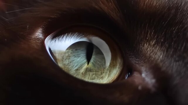 Extreme macro closeup zoom shot from cat nose to cat eye with golden green slit pupil and dark brown fur