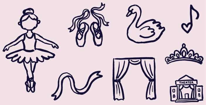 Hand-drawn ballet icons and elements on a pink background, including a ballerina, swan, and theater.