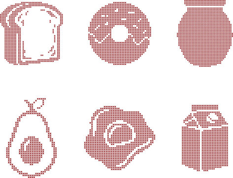 Crossstitch breakfast food icons set isolated 