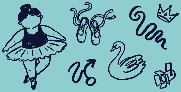 A whimsical illustration featuring ballet elements, including a dancer, pointe shoes, swan, and stage light, set against a teal background.