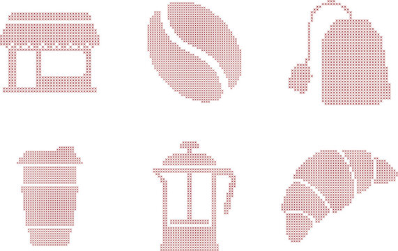 Set of cross stitch style coffee and tea shop elements 