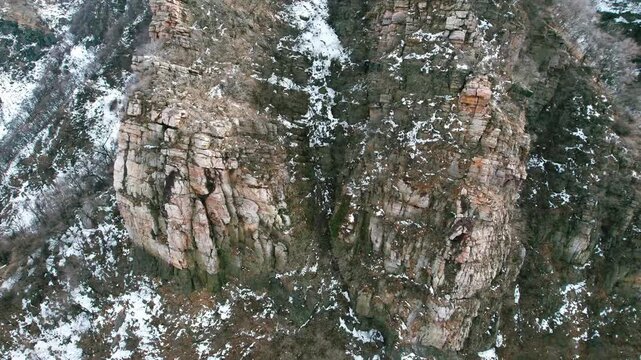 Snow Covered Rocky Mountain Cliffs from Above