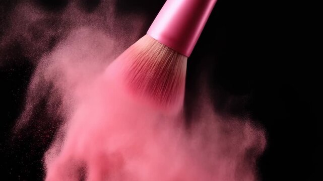 Static shot of pink makeup brush releasing and shaking cloud of pink powder dust against dark black background