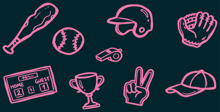 Baseball equipment and symbols in a hand-drawn style on a dark background.