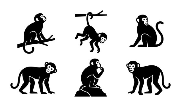 Monkey Icons Vector Set: Primate Silhouettes, Jungle Animals, Wildlife Graphics, Playful Poses, Black and White Illustrations