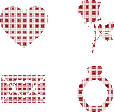 Cross stitch heart, rose, love letter, and engagement ring 