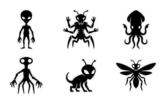 Alien and Insect Silhouettes Collection, Sci-Fi Creature Icons, Extraterrestrial and Bug Vector Graphics, Mysterious Beings Set
