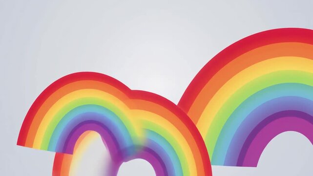 Double rainbow illustration, overlapping colorful arcs on light gray background