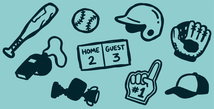 Baseball equipment and accessories in a hand-drawn style illustration.