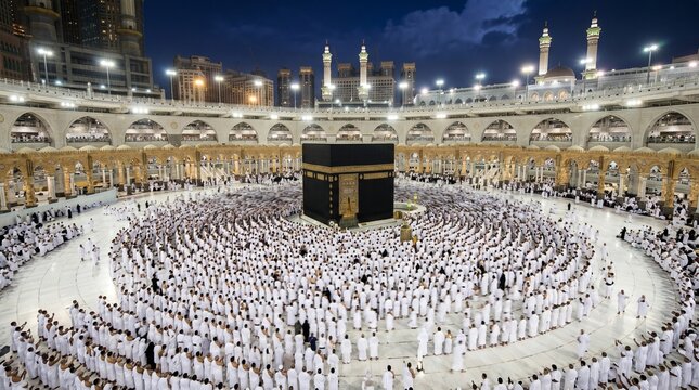 Pilgrims in white robes gather around the kaaba during hajj pilgrimage at night in mecca